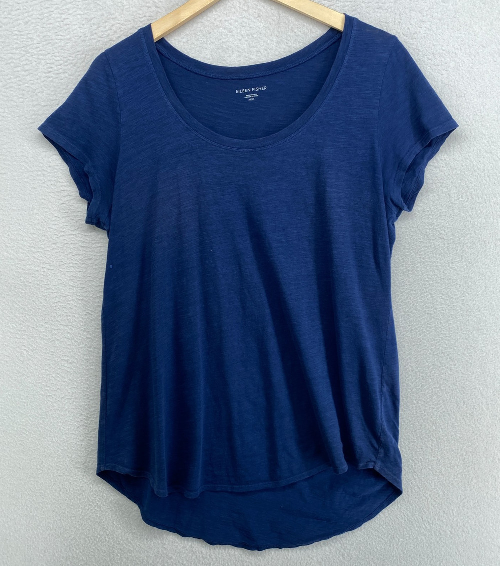 EILEEN FISHER Top M Slub Organic Cotton Jersey Scoop Neck Short Sleeve Blue